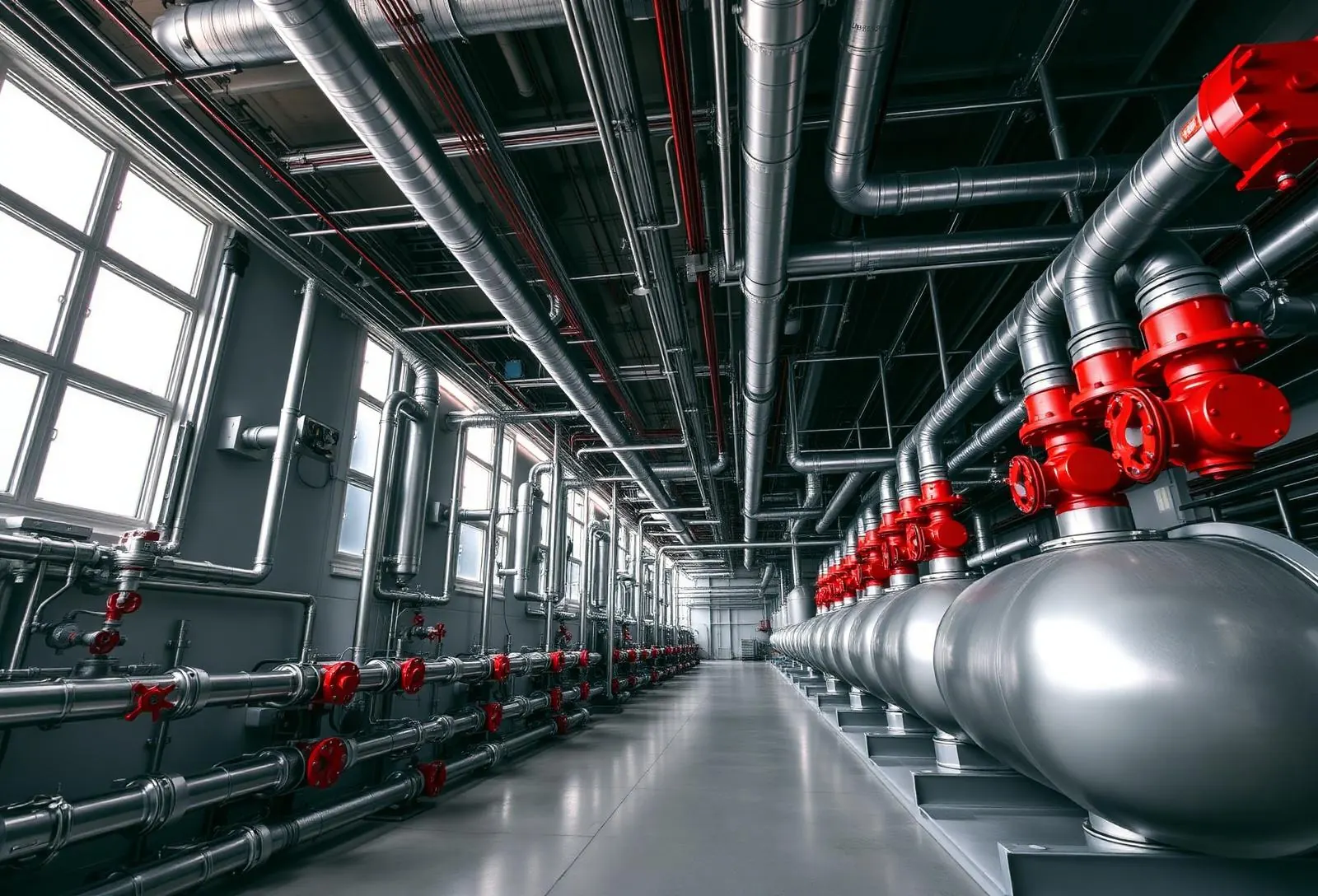 Industrial HVAC plant room with steel pipework and red valves
